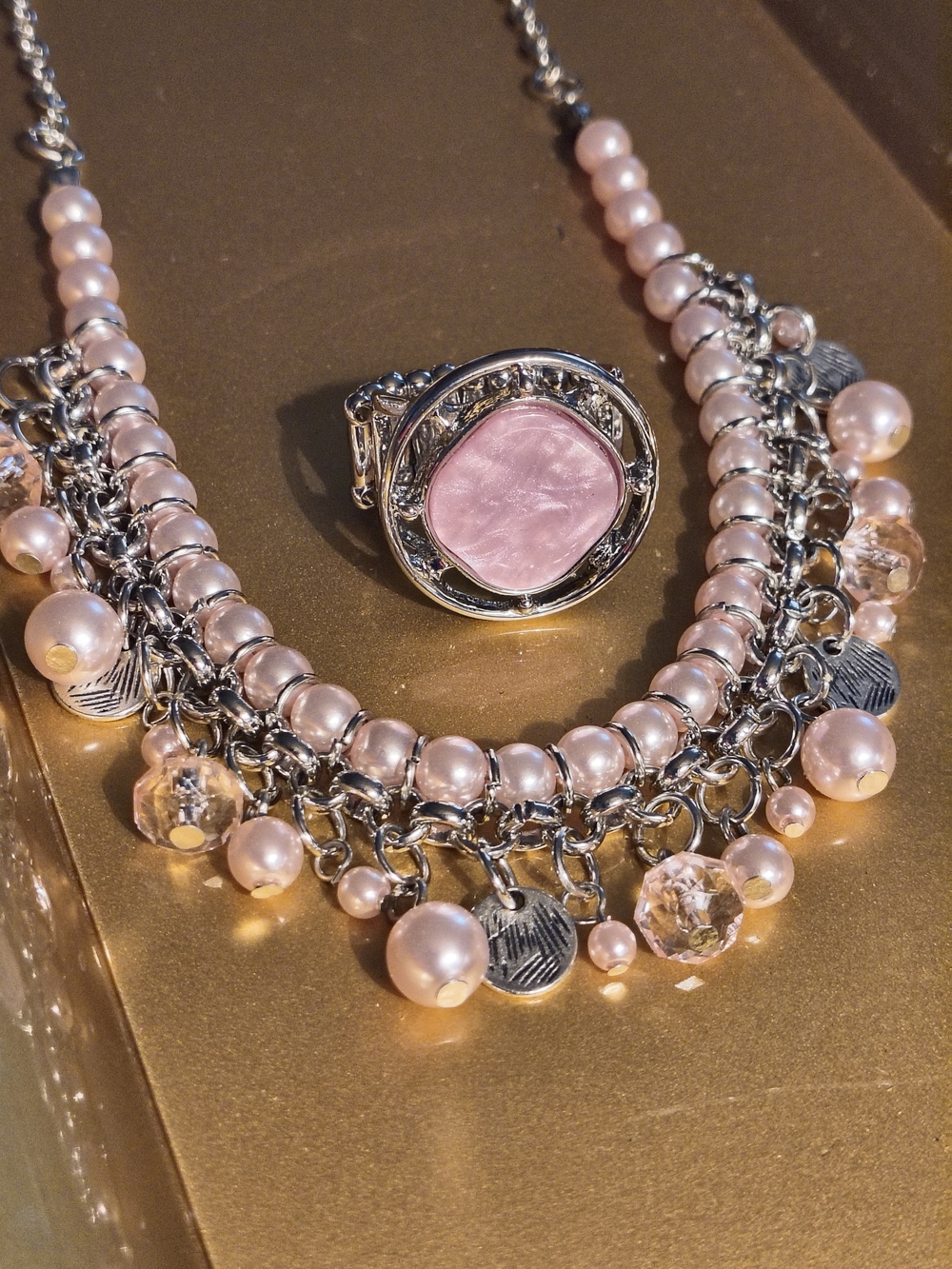 Pink Pearl & Crystal Victorian Inspired Necklace  Matching Ring NewPaparazzi
